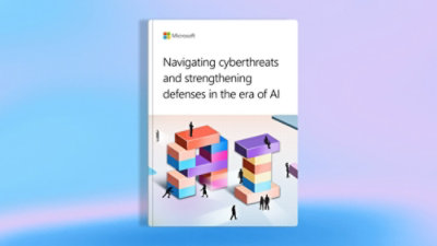 A book cover featuring text that reads Navigating cyberthreats and strengthening defenses in the era of AI and people walking on or near colorful blocks.