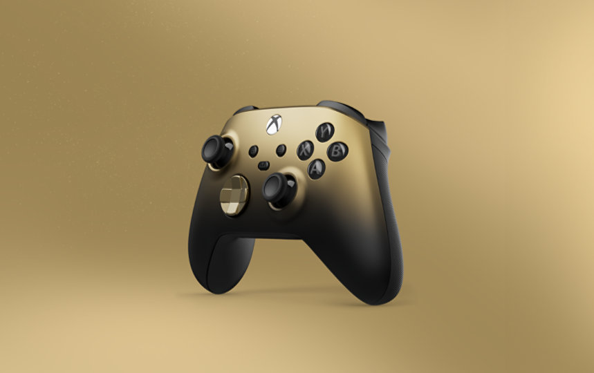 Xbox trådlös handkontroll – Gold Shadow Special Edition sedd framifrån höger. 