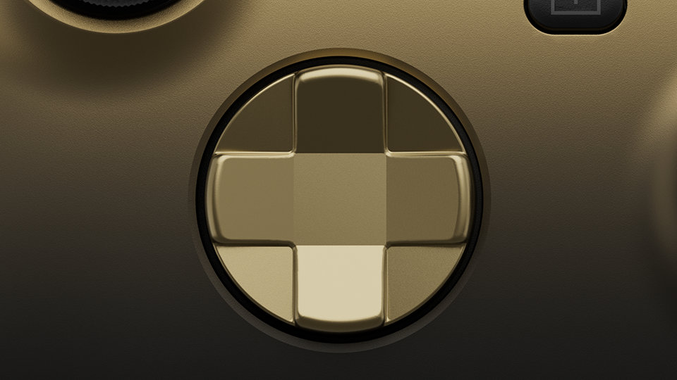 Pohled zblízka na směrový ovladač na bezdrátovém ovladači pro Xbox – Gold Shadow Special Edition