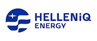 A blue text logo on a white background with the words HELLENIQ ENERGY accompanied by a blue circle containing a white cross and a white star.