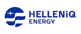 A blue text logo on a white background with the words HELLENIQ ENERGY accompanied by a blue circle containing a white cross and a white star.