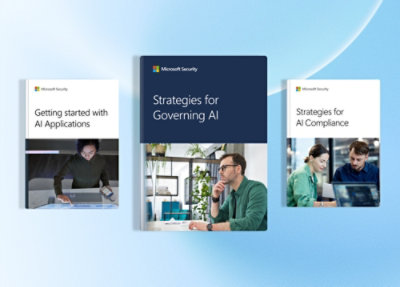 Microsoft Security resource cards showing guides for AI applications, AI governance, and AI compliance on blue background