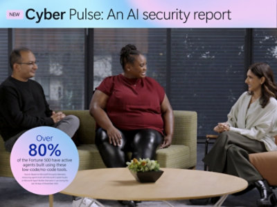 A group of people sitting on a couch with the text NEW Cyber Pulse An AI Security Report visible.
