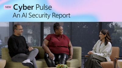 A group of people sitting on a couch with the text NEW Cyber Pulse An AI Security Report visible.