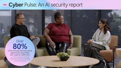 A group of people sitting on a couch with the text NEW Cyber Pulse An AI Security Report visible.
