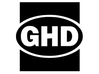 A black and white logo with the text GHD on a black background.