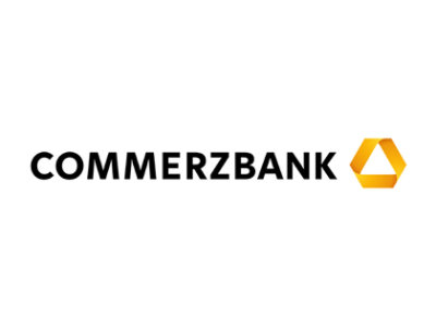 A yellow triangle-shaped logo with the text COMMERZBANK.
