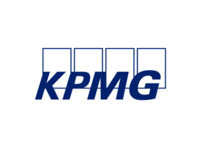 A blue and white logo with the text KPMG inside a rectangular frame.