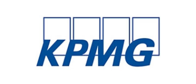 A blue and white logo with the text KPMG.