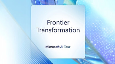 Frontier Transformation title card with Microsoft AI Tour text on an abstract blue and purple digital background.