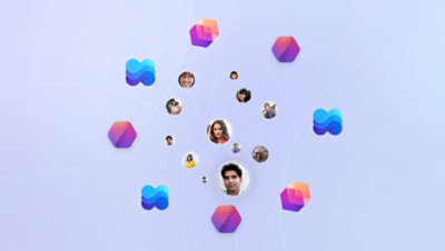 Connected people network with profile icons and Microsoft Power Platform visuals on a soft gradient background