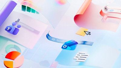 Abstract digital art with Excel, Word icons, floating sheets, pie chart, and UI elements on a soft gradient background.