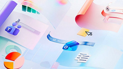 A digital collage of colorful, abstract office icons and documents, featuring graphs, a mouse cursor, and vibrant brush strokes,.