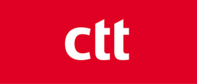 赤い背景に白い文字で「ctt」と書かれているロゴ。