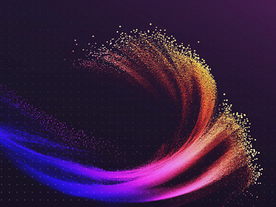 En sfære laget av en rekke små partikler i rosa og gule nyanser er spredt mot en mørk bakgrunn.