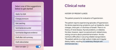Une capture d’écran d’une note médicale avec un historique clinique de la maladie actuelle.