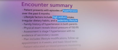 Une capture d’écran d’ordinateur affichant une synthèse de la consultation d’un patient avec des informations sur son hypertension.