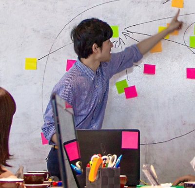 A man explaining on the board with sticky notes on it