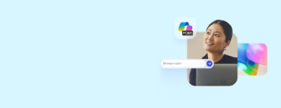 Icons for Microsoft PowerPoint, Copilot, Excel, and Word are displayed on a bright abstract background.