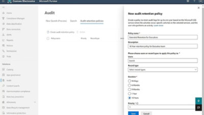 Audit retention policy settings page.