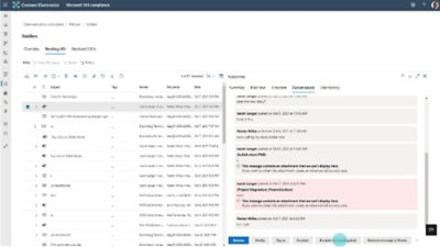  Compliance console displaying insider risk alerts and message details