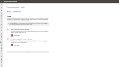  Privacy settings screen for communication compliance.