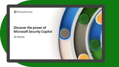 Microsoft Security Copilot AI demo screen with circular design elements and text “Discover the power of Microsoft Security Copilot.”