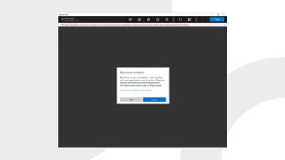 Screen showing a dark interface with a pop-up message titled “Device task completed,” including text and buttons for “Cancel” and “Close.”
