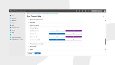 Screenshot of Microsoft Azure portal showing the “Add Custom Role” page with fields for role name, description, and permissions, including sliders for settings.