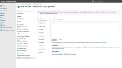 Screenshot of Microsoft Intune admin center showing Device query (preview) page with query box and device management menu.