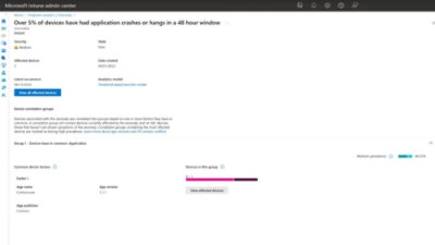 Intune admin center report showing app crashes on 5%+ devices in 48 hrs, medium severity, with affected device details.