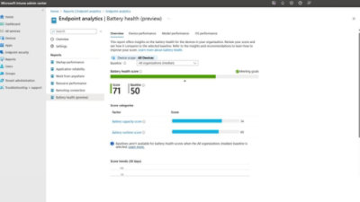 Intune Endpoint Analytics Battery Health preview showing score 71 vs baseline 50, with capacity 74 and runtime 69 scores.