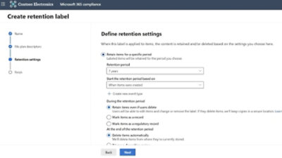 Create retention label screen showing retention settings, 7‑year period, retain or delete options, and step navigation
