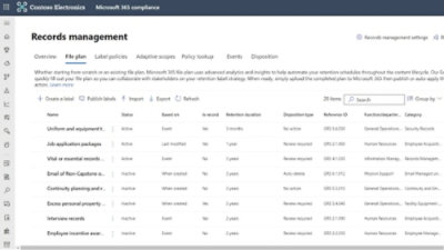 Records management file plan table showing labels, retention duration, disposition type, and department columns