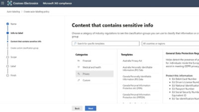 Auto‑labeling policy page listing sensitive info categories and regulation templates with search and region filters
