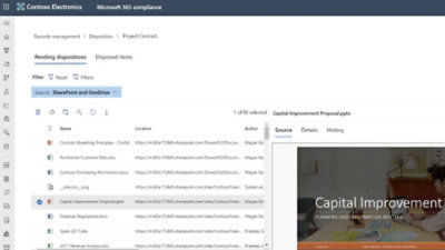 Pending dispositions view for SharePoint and OneDrive items with document list and preview panel