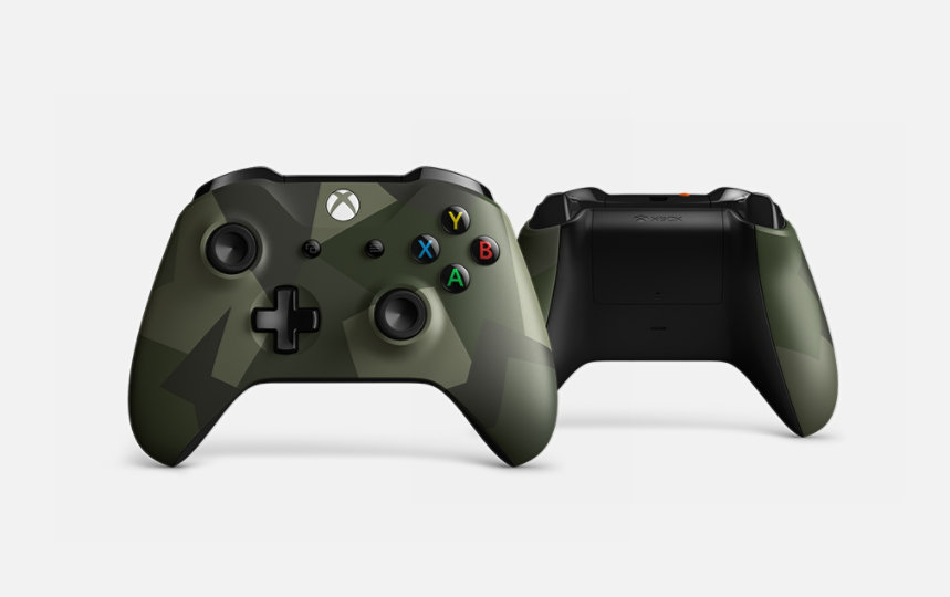 Xbox controller with a dark green modern camo design.