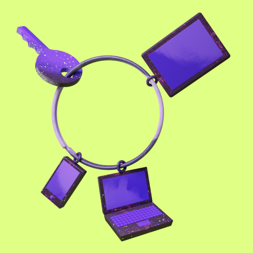 A graphic of a keychain with a key, tablet, and laptop hanging on it.