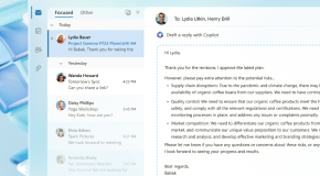 The interface of Copilot integrated within Outlook, showing an email draft with Copilot suggestions.