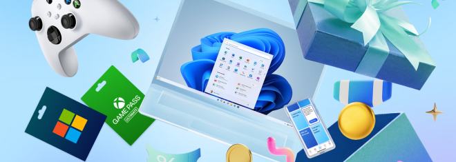 A graphic image showcasing Microsoft Rewards, featuring gift boxes and Xbox controllers.