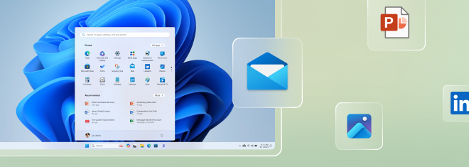 A Windows 11 desktop interface displaying the start menu with application icons, including Mail, Calendar, Photos, and Settings. Larger icons for Microsoft PowerPoint, Mail, and OneDrive are visible to the right.