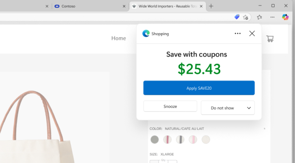 A screenshot of Microsoft Edge with a shopping website open and a coupon available