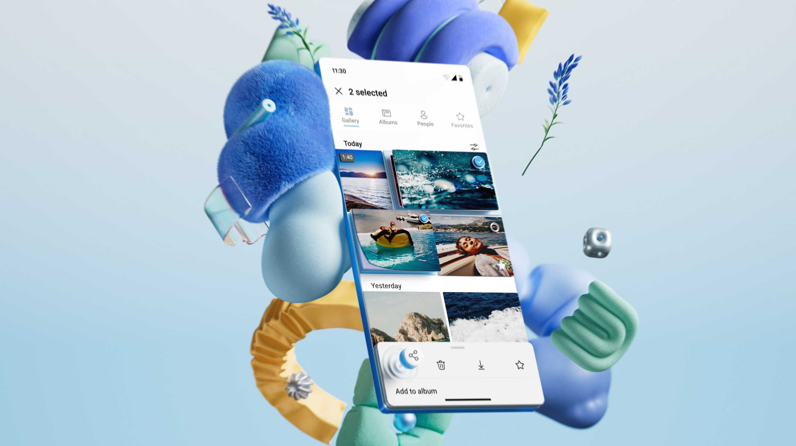 Mobile phone with the OneDrive app on it with several photographs on the screen