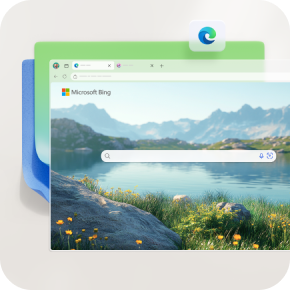 A browser screen of an idyllic mountain setting with a Bing search field centered in front of it