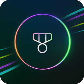 カラフルな斜めのストライプが入った黒の背景に、鮮やかなネオンの円で囲まれた白いアウトラインの Microsoft Rewards アイコン