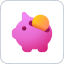 An icon of a pink piggy bank with a gold coin in its slot
