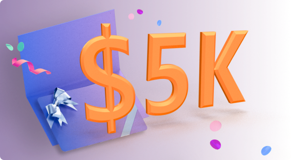 An open Surface laptop with $5K in orange floating in front of it, all against a purple background