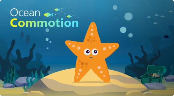 An Ocean Commotion Starfish mascot standing on the ocean floor with seaweed in the background