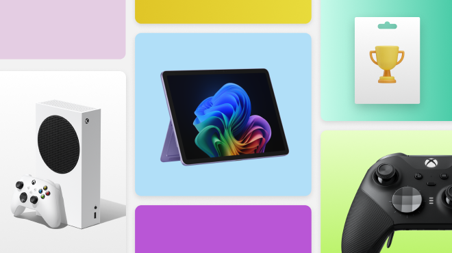 Images of a white Xbox console and controller, a Surface, a close up on a black Xbox controller, and a Gold Reward on a card, all against colorful tiled backgrounds
