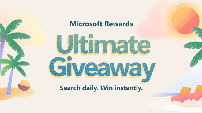 Microsoft Rewards Ultimate Giveaway graphic overlaid on a beach scene